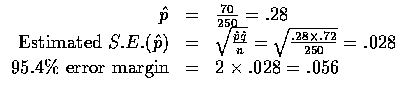 $\begin{array}{rcl}
\hat{p}&=&\frac{70}{250}=.28 \\
\mbox{Estimated } S.E.(\hat...
...}{250}}=.028 \\
95.4\%\mbox{ error margin}&=&2\times .028=.056 \\
\end{array}$