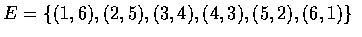 $E=\{ (1,6), (2,5), (3,4), (4,3), (5,2), (6,1) \}$