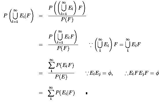 $\begin{array}{rcl}
\displaystyle P\left (\bigcup_{i=1}^\infty E_i\vert F\right ...
...\sum_1^\infty P(E_i\vert F) \qquad\rule[0.02em]{1.0mm}{1.5mm}\\ \\
\end{array}$