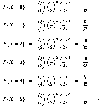 $\begin{array}{rcccl}
P\{X=0\}&=&\displaystyle{5\choose 0}\left (\frac{1}{2}\rig...
...ht )^0&=&\displaystyle\frac{1}{32}\qquad\rule[0.02em]{1.0mm}{1.5mm}
\end{array}$