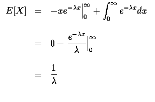 $\begin{array}{rcl}
E[X]&=&\displaystyle-xe^{-\lambda x}\Big \vert _0^\infty+\in...
...\vert _0^\infty \\ \\
& = & \displaystyle\frac{1}{\lambda } \\ \\
\end{array}$