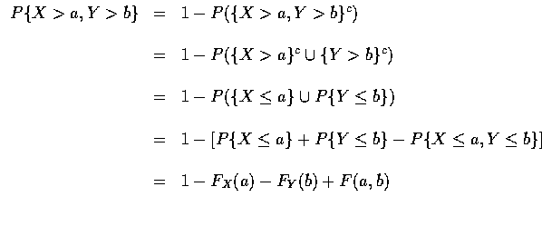 $\begin{array}{rcl}
P\{ X > a, Y > b \} & = & 1 - P (\{ X>a, Y>b \}^c) \\ \\
& ...
..., Y \leq b \} ] \\ \\
& = & 1 - F_X (a) - F_Y (b) + F(a,b) \\ \\
\end{array} $