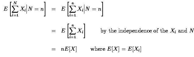 $\begin{array}{rcl}
E\left [ \displaystyle\sum_{i=1}^N X_i \Big \vert N=n \right...
...box{ and } N \\ \\
& = & nE[X] \qquad \mbox{ where } E[X] = E[X_i]
\end{array}$