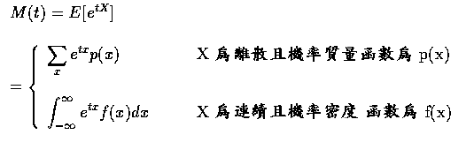 $\begin{array}{l}
M(t)=E[e^{tX}] \\ \\
= \left \{ \begin{array}{ll}
\displayst...
... & \qquad \mbox{X 為連續且機率密度
函數為 f(x)}
\end{array} \right .\end{array}$